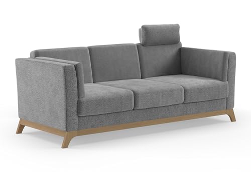 Cavadore 3er-Sofa Vida / 3-Sitzer Couch im trendigen Design mit massivem Holzrahmen in Eiche, Kopfstütze mit Kuschelkissen / 213 x 84 x 93 / Chenille, Grau