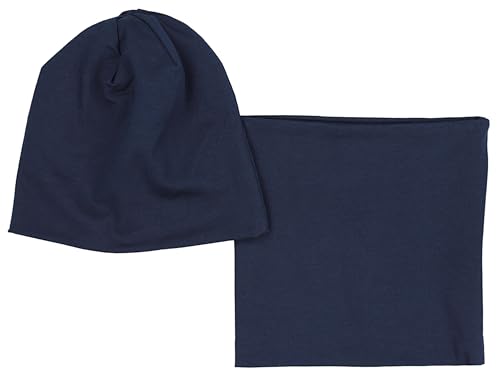 TupTam Jungen Beanie Mütze Schlauchschal Kinder 2er Set Herbst Winter gefütterte Übergangsmütze mit Loop, Farbe: Jersey zweilagig - Dunkelblau, Hat Size: 52
