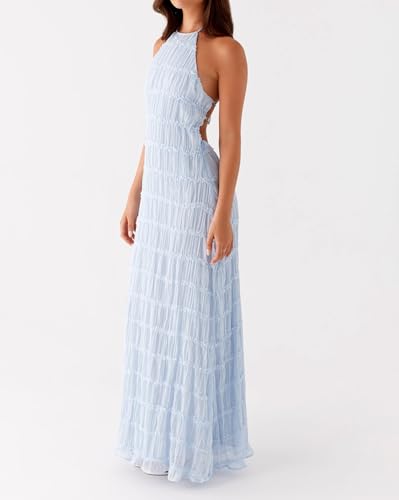 Image of Argeousgor Women Halter Neck Backless Summer Dresses 2025 Sleeveless Tiered Ruffle A-Line Flowy Cocktail Party Maxi Dress