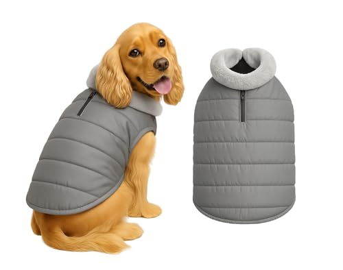 Image of The Pets Company Dog Winter Coat Jacket, Clothes, Windproof, Waterproof, Light Weight, Washable, Ultra Warm Thick Fleece Lined Dog Vest for Cold Weather Protection, (Grey, Medium - 18 Inch)