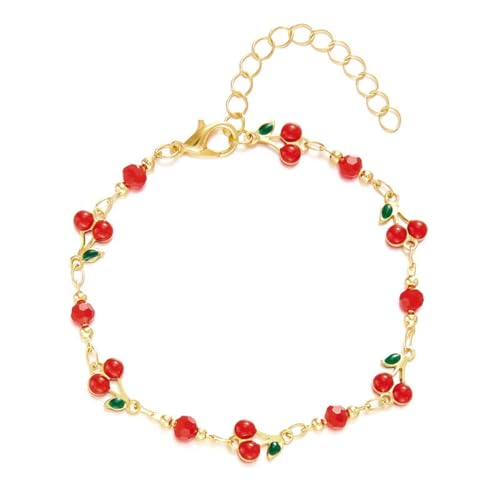 Image of Cherry Bracelet for Women Gold Evil Eye Link Bracelet Dainty Flower Daisy Bracelets Pearl Butterfly Heart Charm Bracelets Adjustable Summer Beach Jewelry