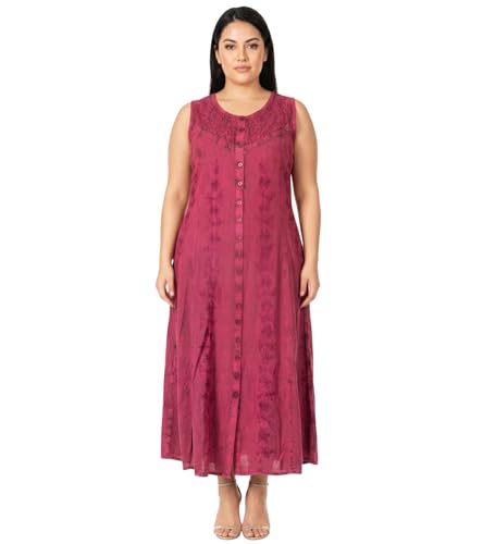 Image of Sakkas Maya Floral Embroidered Sleeveless Button Up Rayon Dress