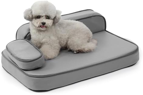Dog Bed for Small Dogs, Easy Clean Dog Sofa Air-Leather-Fabric Pet Bed, Stain & Waterproof Dog Bed with Memory Foam & Washable Cover, with Pillow & Side Cushion, Gray, S Size