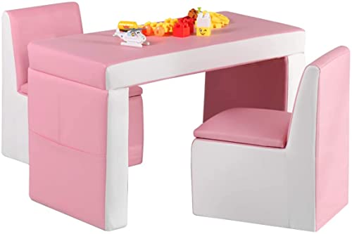 GLACER 2-in-1 Kids Sofa, 2 Seat Sofa Convert to Table & 2 Chairs, PVC Leather Toddler Couch w/Sturdy Wood Construction, Multifunctional Children Armchair w/Storage Space, Boys Girls Gift (Pink)