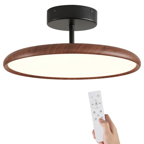 Nordic Semi Flush Ceiling Light - Walnut Vintage LED Dimmable Flushmount Chandelier with Remote Control - Mid Century Modern Round Lighting Fixture for Bedroom Hallway Entryway Laundry Room