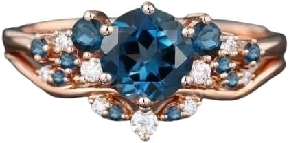 Vintage London Blue Topaz engagement ring set rose gold engagement ring Unique Bridal set Diamond wedding Curved Anniversary Promise ring