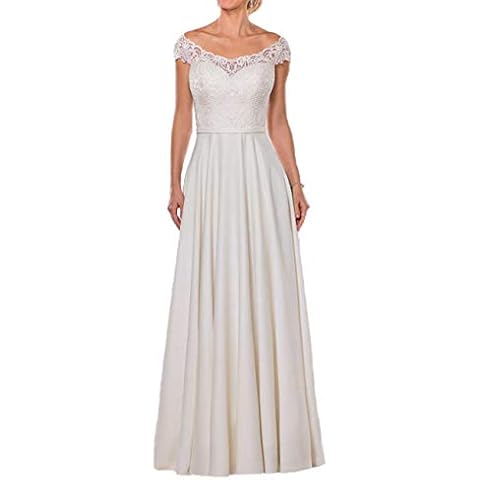 HUINI Satin Brautkleider Schulterfrei Lang Hochzeitskleid Standesamt Spitzen A-Linie Trauung Kleid Cover