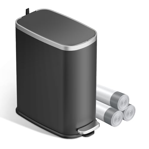 Image of KUK Slim Bathroom Trash Can with Lid Soft Close, Step Pedal, 2.6 Gal / 10L Stainless Steel Garbage Can with Removable Inner Bucket, Anti-Fingerprint Wastebasket for Office, Bedroom, Toilet (Black)