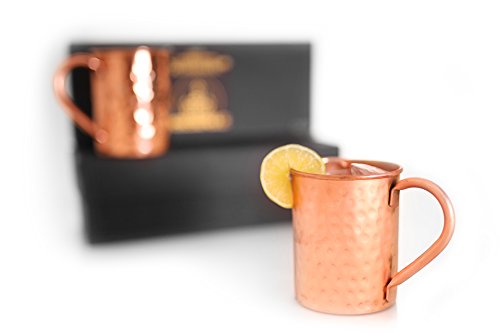 Set of 2 Moscow Mule Handcrafted Copper Mugs w/ Gift Box - 100% Solid Pure Copper, 16oz, Straight, Hammered
