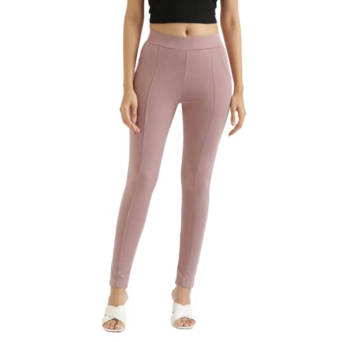 Image of SAADAA Women's Regular Fit High Rise 4-Way Stretchable Pants Yoga, Formal, and Regular Skinny High Waist Leggings 2 Deep Pockets Elastic Waistband Durable Interlock Stitching
