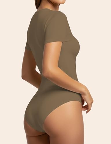 Image of YOGINGO Womens Short Sleeve Bodysuit Crew Neck Slim Fit Basic Body Suit Top Soft Stretch Leotard