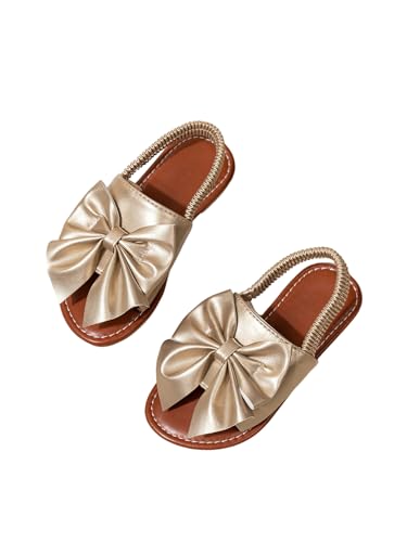 GORGLITTER Girl's Gold Bow Tie Flat Sandals Metallic Open Toe Ankle Strap Cute Slide Sandals Vacation Shoes