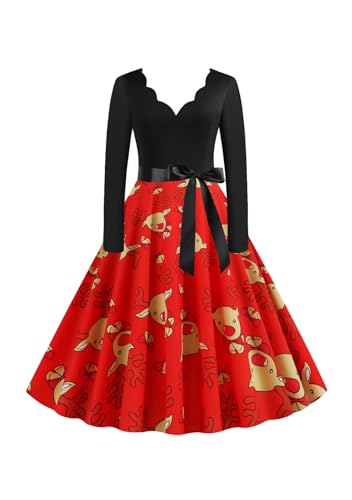 Yming Klassisches Party Kleid für Frauen Baggy Langarm Retro Kleid Hohe Taille V-Ausschnitt Cocktailkleid Roter Elch 2XL
