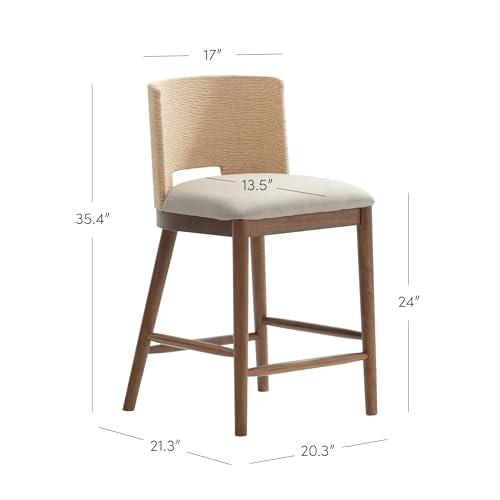 Image of Nathan James Webster Bohemian Round Back Bar Stool, Upholstered Bar Stool with Seagrass Backrest for Kitchen or Bar, Medium Brown Set of 4