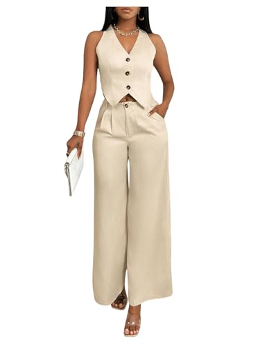 WDIRARA Women's 2 Piece Outfits Button Down Sleeveless Blazer Ves...