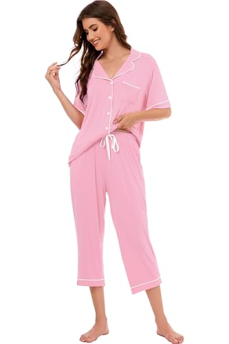 Image of LUBOT Womens Bamboo Viscose Pajamas for Women PJ Set 2 Piece Cooling Soft Short Sleeve Capri Pants Summer Sleepwear Set S-XXL