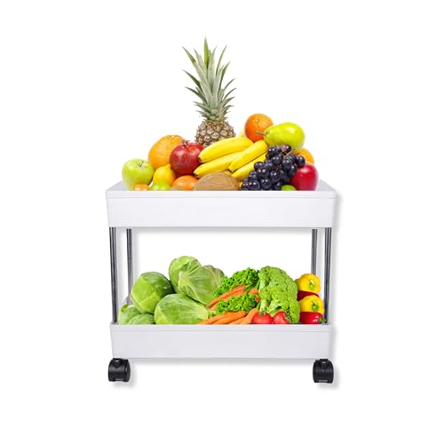 Image of AEXONIZ TOYS Plastic Kitchen Storage Trolley Rack with Wheels, Slide Out Rolling Utility Cart Storage Shelves, Space Saving Home Storage Organizer Racks (White, 2 Layer)