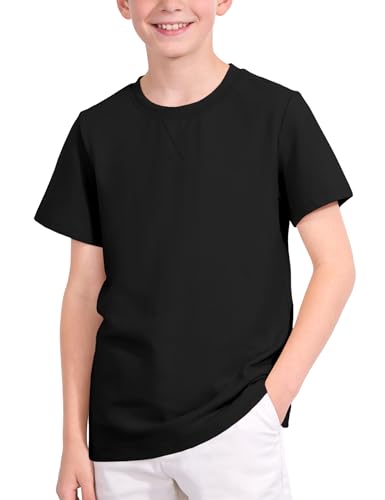 Auranso Boys T Shirts Kids Short Sleeve Shirts for Boys Crewneck Cotton Tshirts Basic Casual Tops Tees Summer Clothes 7-8 Years Black