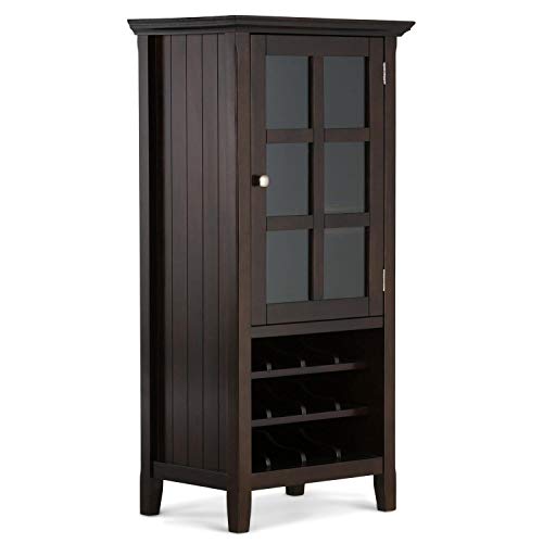 SIMPLIHOME Acadian 12-Bottle SOLID WOOD 24 inch Wide Transitional High Storage Wine Rack Cabinet in Brunette Brown with Storage Compartment and 2 shelves, for the Dining Room and Kitchen, Transitional