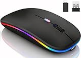 Qullqian Rechargeable Bluetooth Mouse for iPad/Tablet/Mac/Laptop/Apple/MacBook pro/MacBook air/pc/,LED Lights Silent Slim Use Bluetooth 5.2/3.0 and 2.4GHz USB Type-C Receiver (True Black)