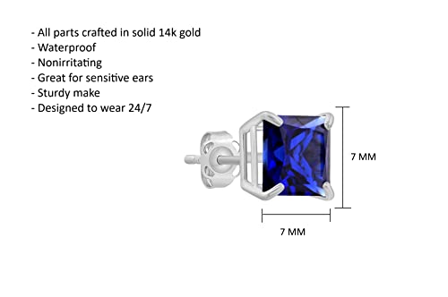 14K White Gold Princess Cut Created Blue Sapphire Square Stud Earrings For Women 7Mm Solitaire September Birthstone With Push Backs By Max + Stone #TOP4