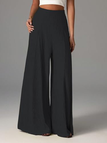 Image of Shasmi Women's Elegant High Waist Wide Leg Pants - Textured Solid Color Loose Fit Long Trousers | Casual Beach & Airport Outfit | Lightweight Flowy Palazzo Style (Trouser 259)
