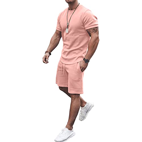 amropi Survêtement de Sport pour Homme Short et T-Shirt à Manches Courtes Ensemble 2 pièces Rose,XL