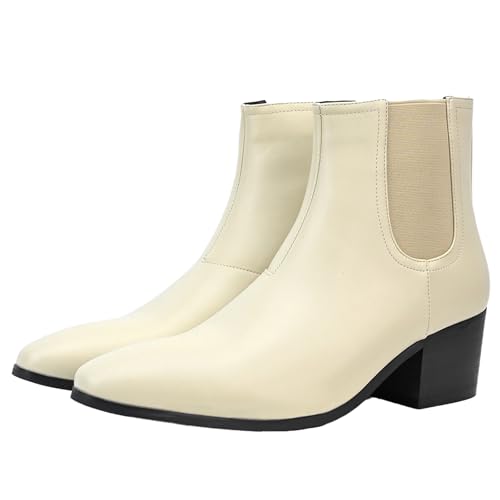 Image of Men'S Classic Leather Chunky Heel Chelsea Boots With Side Zipper Fashion Pointed Toe Elastic Band High Top Block High Heel Formal Chukka Booties For Casual Business Party Wedding