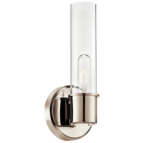 Image of Kichler Aviv 1-Light Wall Sconce, Modern Light with Clear Glass in Polished Nickel, for Bedroom, Laundry Room, Kitchen or Hallway (13 inch x 5.5 inch), 52653PN