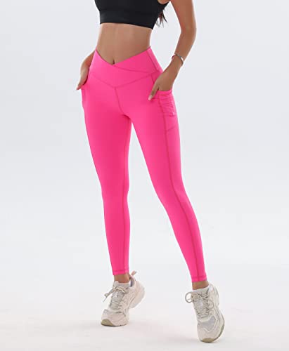 Zioccie Crossover Yoga Leggings For Women With Pockets - Buttery Soft V Cross Waist Workout Tights Running Athletic Pants (Hot Pink, Medium) #TOP1