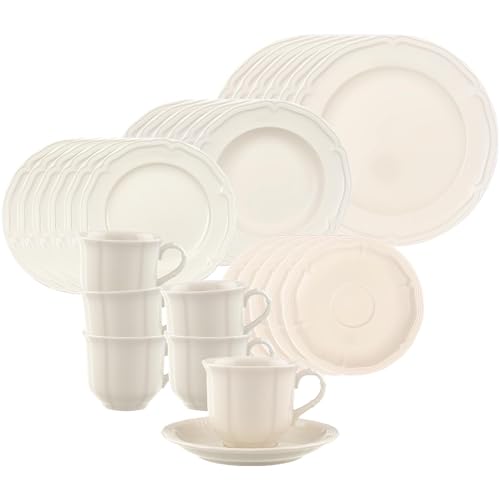Villeroy & Boch Manoir Kombiservice, 30-teilig, Kombi-Set für 6 Personen mit Kaffeetassen, Untertassen, Frühstücks-, Suppen- und Speiseteller, Spülmaschinen- & Mikrowellenfest, Premium Porzellan, Weiß