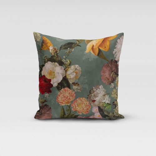 Housse de coussin en velours - Motif roses vintage - Couleur menthe - Dimensions : 60 x 60 cm