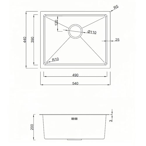 CROWNSHOP Kitchen Sink Stainless Steel Undermount Sink Square Inset Single Bowl with Drainer Waste for Kitchen Utility Room Bar (54 x 44 x 20CM)