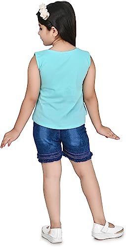 Image of Zenat Girls Polycotton Regular Fit Printed Round Neck Half Sleeve Casual Wear Top & Pant Set (Sky Blue 4-5 Years)