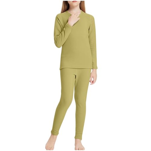 Girls Thermal Underwear Set for Kids Long Johns Fleece Lined Base Layer Top & Bottom for Cold Weather 3-13 Years Green