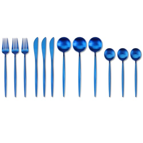 Image of aDai Sapphire Blue Silverware Set | Satin Finish 12-Piece Stainless Steel Flatware Set | Dishwasher Safe Cutlery for Home, Restaurant & Gifting
