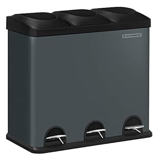 SONGMICS 54L Recycling Bin, Rubbish Bin, Steel Pedal Bin with 3 Sections, Inner Buckets, 6 Sorting Labels, for Easy Waste Separation, Grey and Black LTB54G 60,4 x 30 x 56,3 cm (L x B x H)