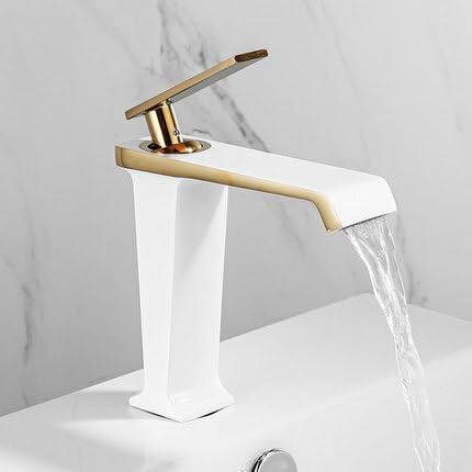 Grifo de lavabo monomando vintage en blanco y oro mezclador agua fría y caliente para baño