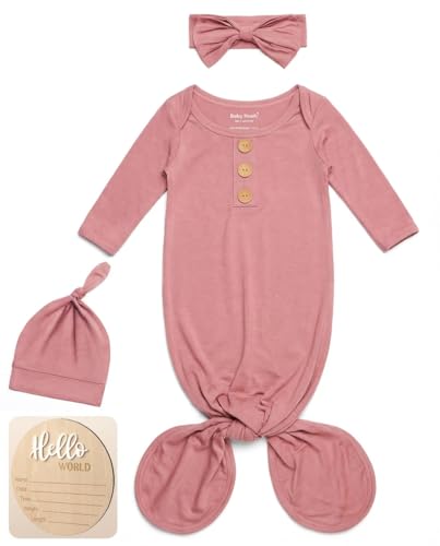 Image of Baby Noah Newborn Knotted Gown, Ultra-Soft Silky Long Sleeve Sleeper, Unisex Coming Home Outfit Set With Wooden Name Sign