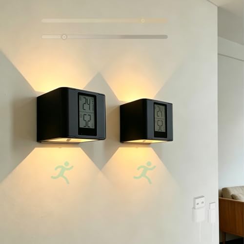 Lámparas de pared LED negras regulables con pantalla digital climática y sensor pack de 2 premium