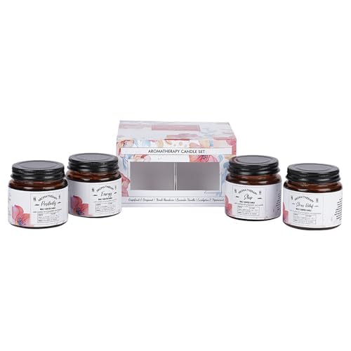 Image of D'Velas Set of 4 Aromatherapy Scented Candles in Amber Jars (60g Each) | Cozy Fragrances for Small Spaces | Clean-Burning Soy Wax | 15-Hour Burn Time | Ideal for Gifting & Home Decor