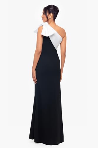 Image of Betsy & Adam Women's Floor Length One Shoulder Fit and Flare Evening Gown with Oversized Satin Bow Detail, Blac /White, 6