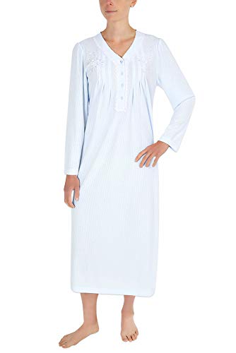 Miss Elaine Nightgown - Women's Pointelle Brushed Honeycomb Knit Long Gown, Long Sleeves, Button Front Placket (Small, Blue)