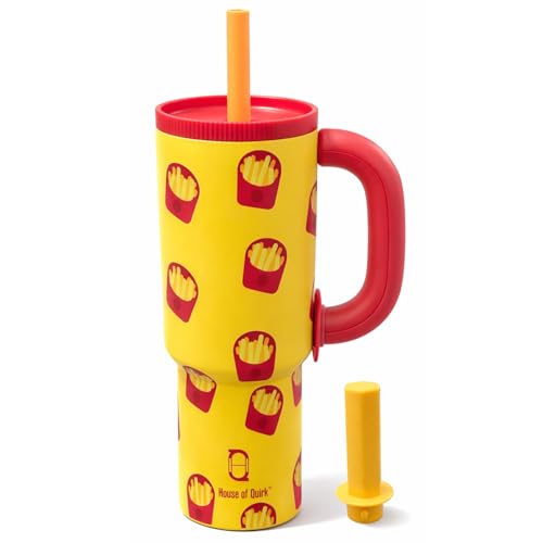Image of House of Quirk 1200ml Stainless Steel Tumbler with Handle, Straw & Straw Cap | Leakproof Water Bottle | Large Capacity Travel Mug (Hot Fries)