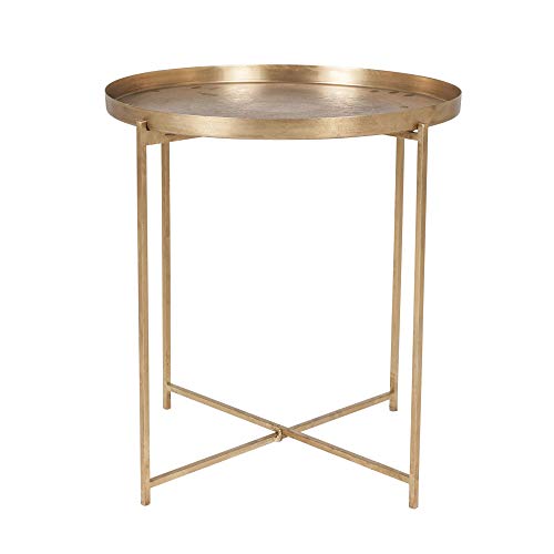Gold Tray Top Round Table - 20”Dia X 21.7”H Handmade Etched Small Iron Legs Metal Mini Coffee Cocktail Home Office Living Room Entryway Bedroom Nightstands - Antique Brass Finish Decorative End Table #TOP1