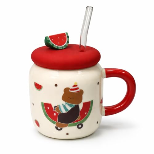 Vasukie Melon Coffee Mug with Lid & Glass Spoon, Mugs for Coffee, Rakhi for Brother, Birthday Gift, Ceramic Mug, 3D Melon Coffee Mug (Melon Mug)