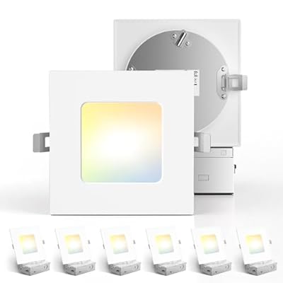 Amico 6 Pack 4 Inch Ultra-Thin LED Square Recessed Light with Junction Box, 5CCT 2700K/3000K/3500K/4000K/5000K Selectable, 700LM Brightness, Dimmable Canless Wafer Downlight, 10W, ETL&FCC