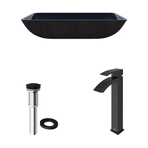 Vigo Vgt1032 18.125" L -13.0" W -12.0" H Handmade Countertop Glass Rectangular Vessel Bathroom Sink Set In Turquoise Finish With Matte Black Single-Handle Single Hole Faucet And Pop Up Drain #TOP5