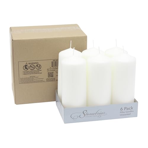 Image of Stonebriar Unscented White Tall Pillar Candles, 80 Hour Burning Candle Pillars, Perfect for Decor, Weddings, Emergencies 3 inch X 8 inch, 6 count