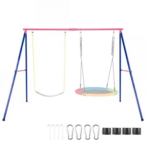 COSTWAY Portique Balançoire Exterieur en Métal avec Cadre en Forme A，Support de Balançoire Enfant avec Tapis Antidérapant, Charge 300kg pour Intérieur...